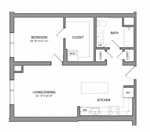 Floor plan for 1 bed, 1 bath, 700 sqft